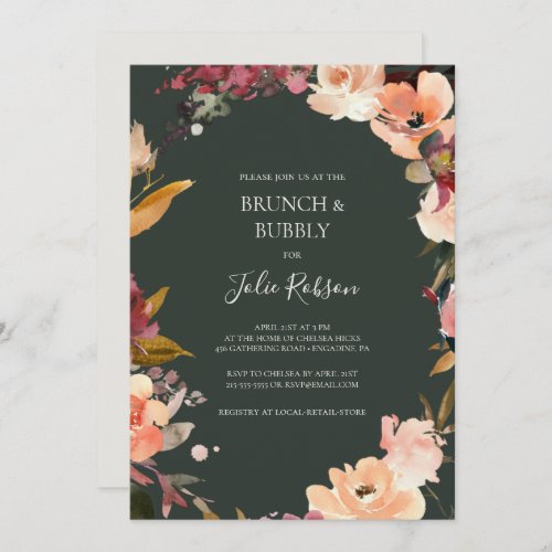 Burgundy Orange Floral  Green Brunch and Bubbly Invitation