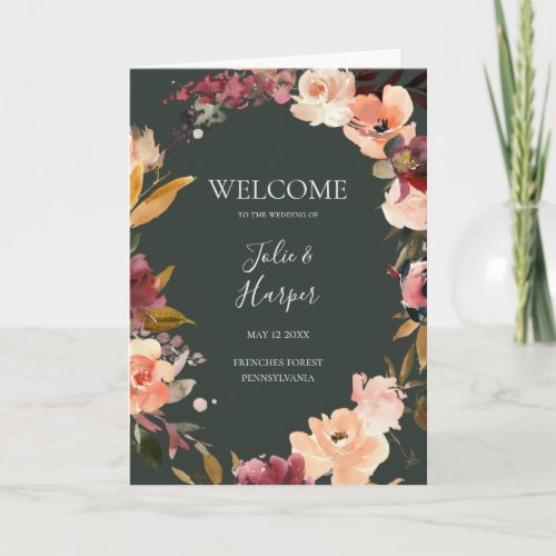 Burgundy Orange Floral  Green Folded Wedding Program