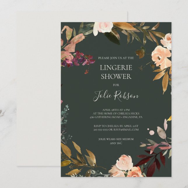Burgundy Orange Floral | Green Lingerie Shower Invitation (Front/Back)