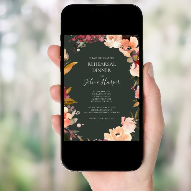 Burgundy Orange Floral | Green Rehearsal Dinner Invitation (Front Digital)