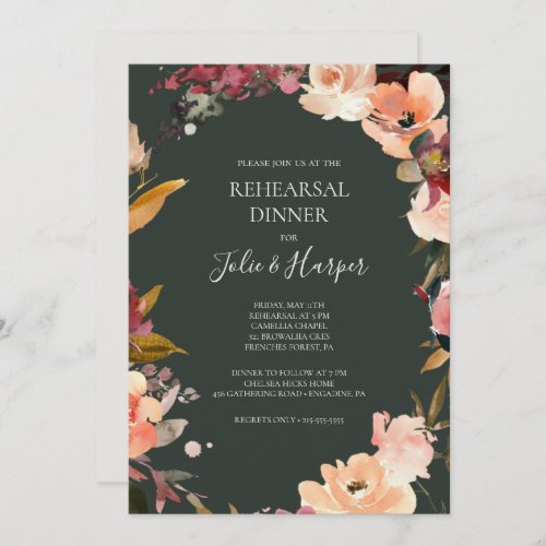 Burgundy Orange Floral  Green Rehearsal Dinner Invitation