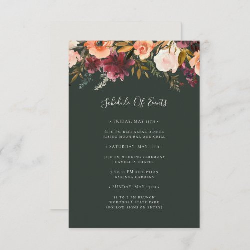 Burgundy Orange Floral  Green Schedule of Events Enclosure Card