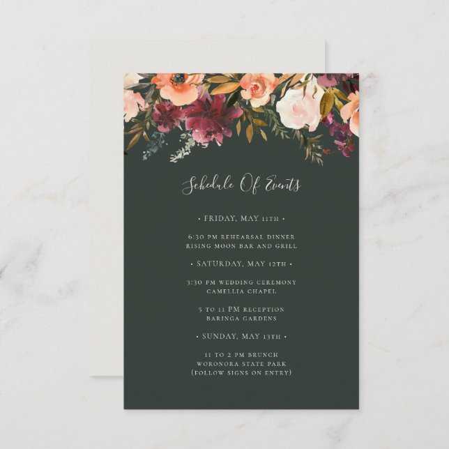 Burgundy Orange Floral | Green Schedule of Events Enclosure Card (Front/Back)