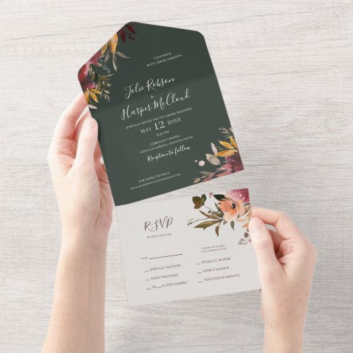Burgundy Orange Floral  Green Seal And Send All In One Invitation
