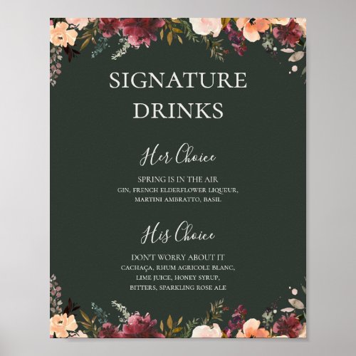 Burgundy Orange Floral  Green Signature Drinks Poster