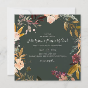 Burgundy Orange Floral   Green Square Wedding Invitation