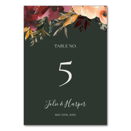 Burgundy Orange Floral  Green Table Number