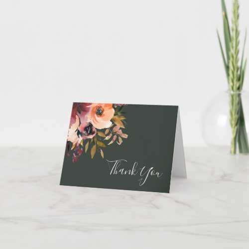 Burgundy Orange Floral  Green Thank You Card