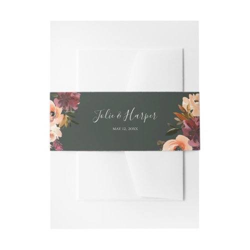 Burgundy Orange Floral  Green Wedding Invitation Belly Band