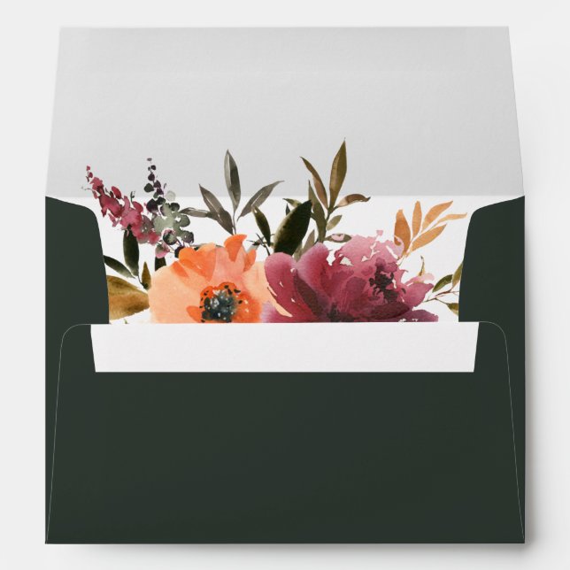 Burgundy Orange Floral | Green Wedding Invitation Envelope (Back (Bottom))