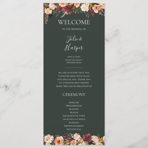 Burgundy Orange Floral  Green Wedding Program