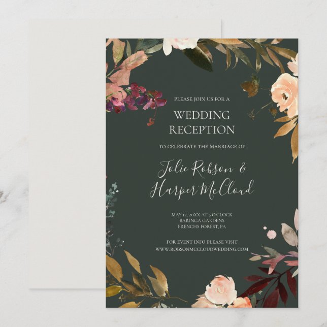 Burgundy Orange Floral | Green Wedding Reception Invitation (Front/Back)
