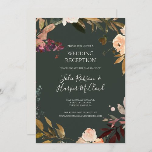 Burgundy Orange Floral  Green Wedding Reception Invitation