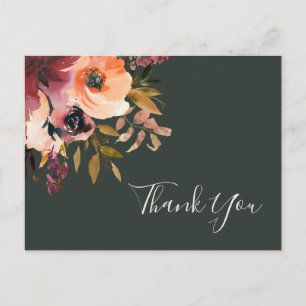 Burgundy Orange Floral Green Wedding Thank You Postcard