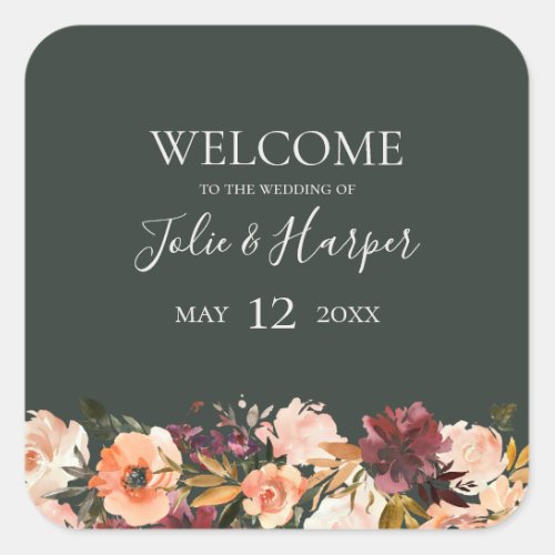 Burgundy Orange Floral  Green Wedding Welcome Square Sticker