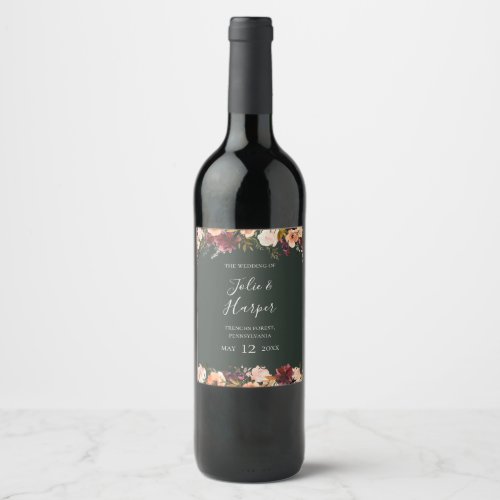 Burgundy Orange Floral  Green Wedding Wine Label