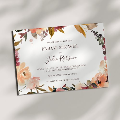 Burgundy Orange Floral Horizontal Bridal Shower Invitation