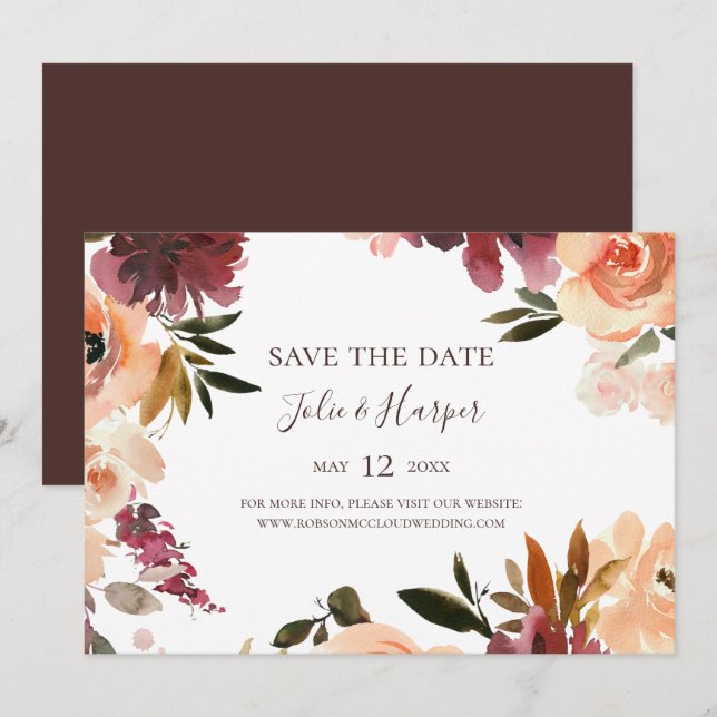 Burgundy Orange Floral Horizontal Save the Date (Front/Back)