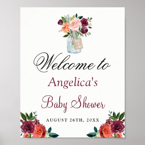 Burgundy Orange floral Mason Jar Baby Shower Sign