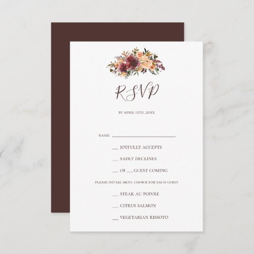 Burgundy Orange Floral Menu Choice RSVP Card