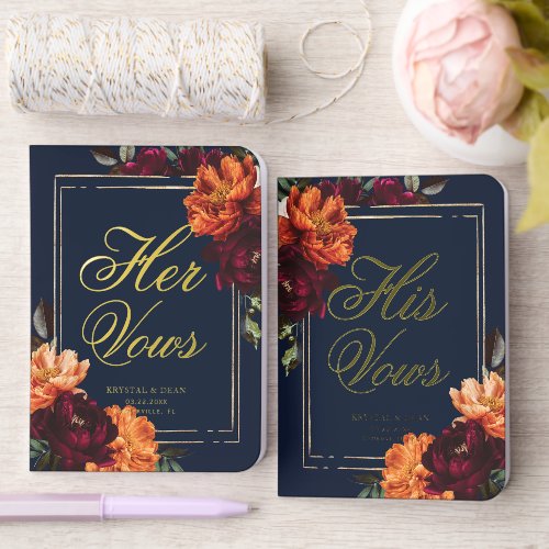 Burgundy Orange Floral Navy His and Hers Wedding Foil Vow Books