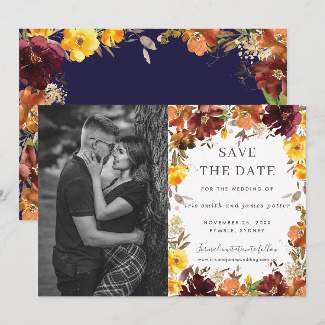 Burgundy Orange Floral Photo Save the Date Card (Front/Back)