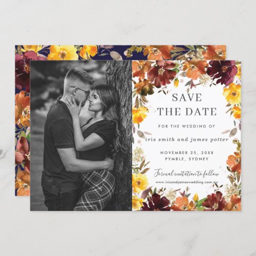 Burgundy Orange Floral Photo Save the Date Card