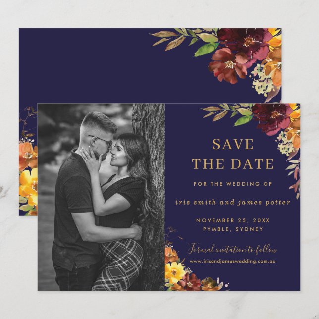 Burgundy Orange Floral Photo Save the Date Card (Front/Back)