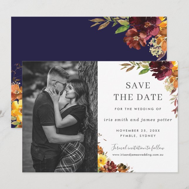 Burgundy Orange Floral Photo Save the Date Card (Front/Back)