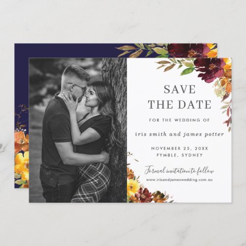 Burgundy Orange Floral Photo Save the Date Card