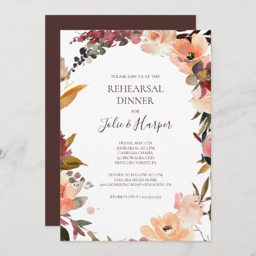 Burgundy Orange Floral Rehearsal Dinner Invitation