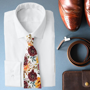 Burgundy Orange Floral Rustic Wedding Neck Tie