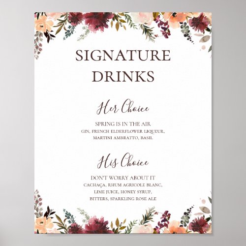 Burgundy Orange Floral Signature Drinks Sign