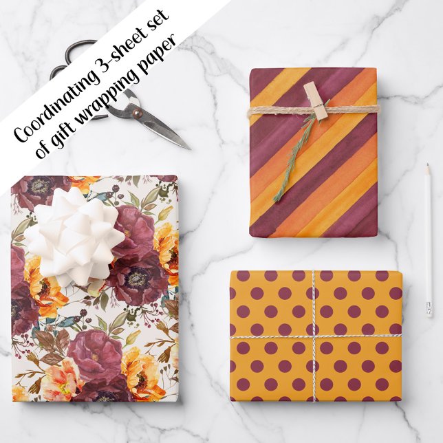 Burgundy Orange Floral Striped Polka Dots Wrapping Paper Sheets (Orange and burgundy floral, striped, and polka dot 3-sheet set of coordinating wrapping paper)