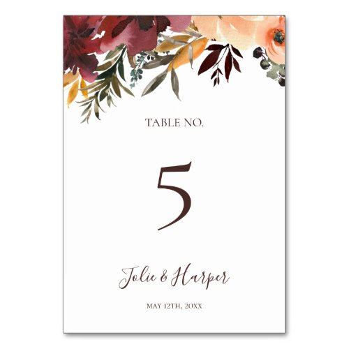 Burgundy Orange Floral  Table Number