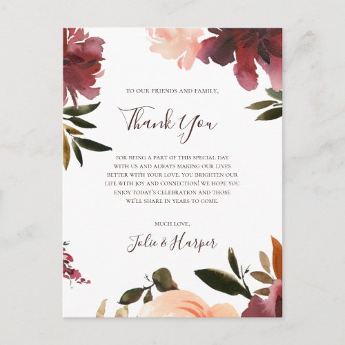 Burgundy Orange Floral  Thank You Reception Card