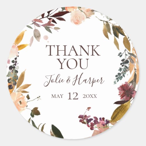 Burgundy Orange Floral Thank You Wedding Favor Classic Round Sticker