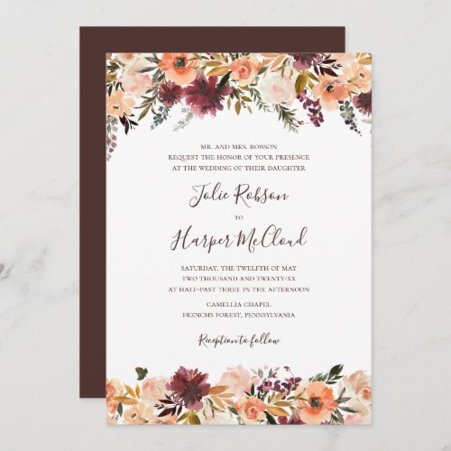 Burgundy Orange Floral Traditional Wedding Invitation