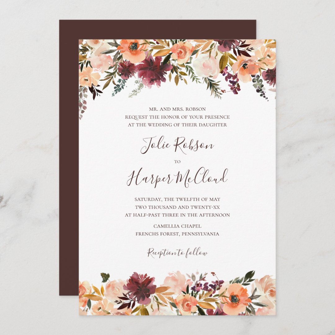 Burgundy Orange Floral Traditional Wedding Invitation | Zazzle