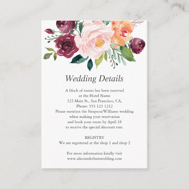 Burgundy Orange Floral Wedding Details Enclosure Card (Front)