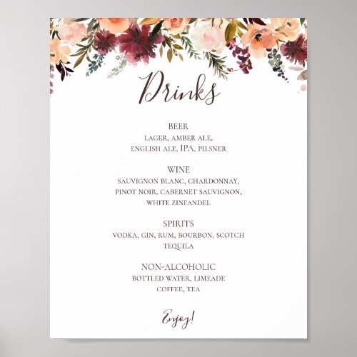 Burgundy Orange Floral Wedding Drinks Menu Sign