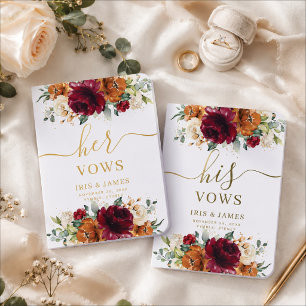 Burgundy Orange Floral Wedding His and Hers Real Foil Vow Books