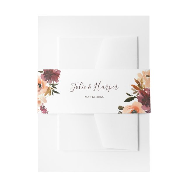 Burgundy Orange Floral Wedding Invitation Belly Band (Front Example)