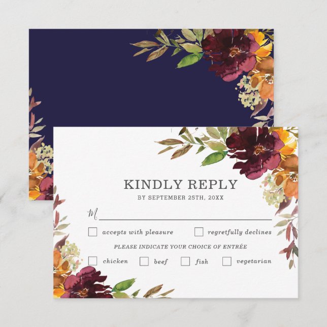 Burgundy Orange Floral Wedding Meal Choice RSVP (Front/Back)