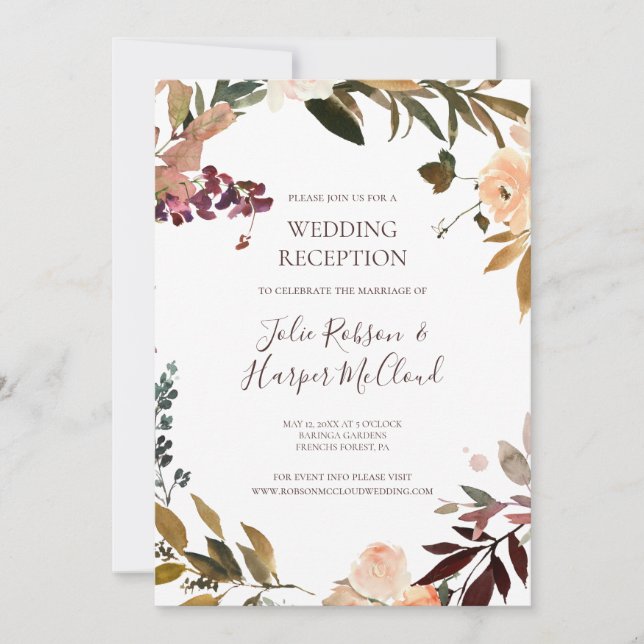 Burgundy Orange Floral Wedding Reception Invitation (Front)
