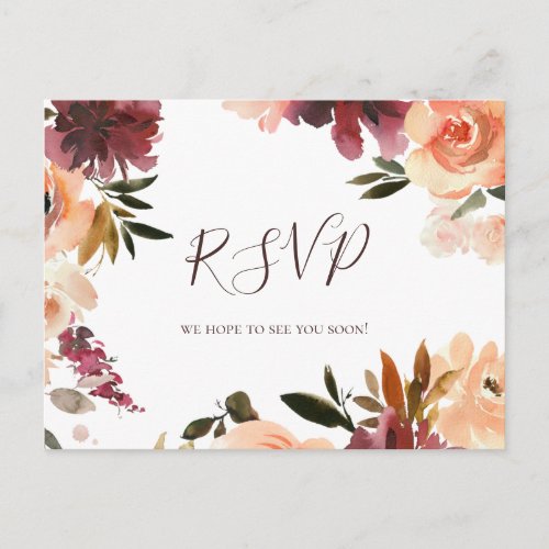 Burgundy Orange Floral Wedding RSVP Postcard