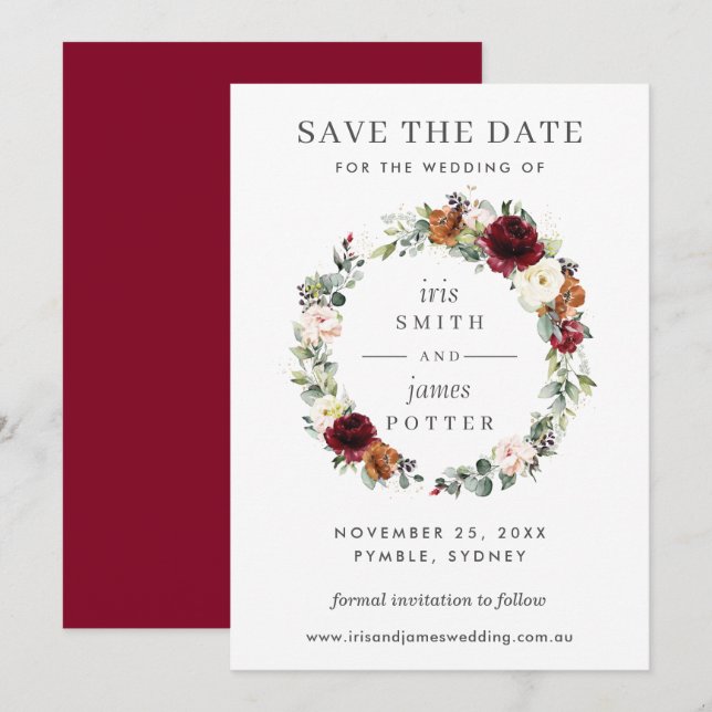 Burgundy Orange Floral Wedding Save the Date Card (Front/Back)