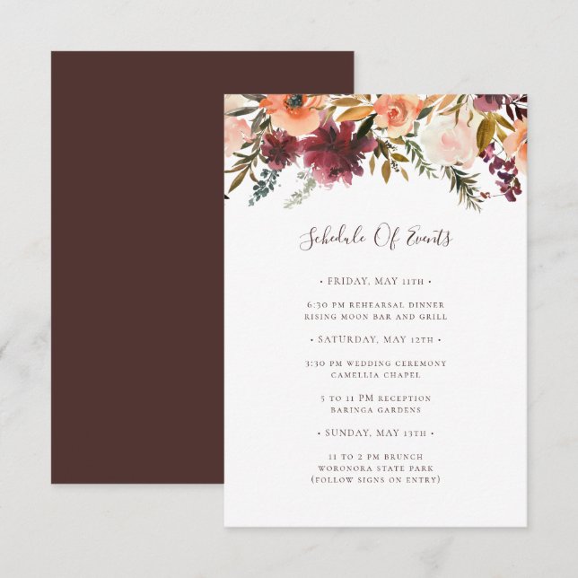 Burgundy Orange Floral Wedding Schedule of Events Enclosure Card (Front/Back)