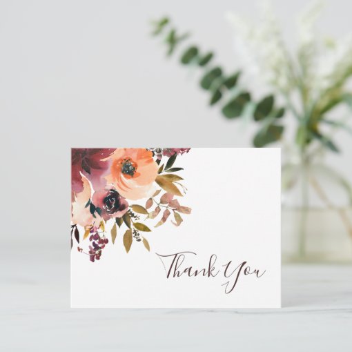 Burgundy Orange Floral Wedding Thank You Postcard | Zazzle