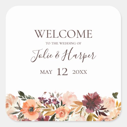 Burgundy Orange Floral Wedding Welcome Square Sticker